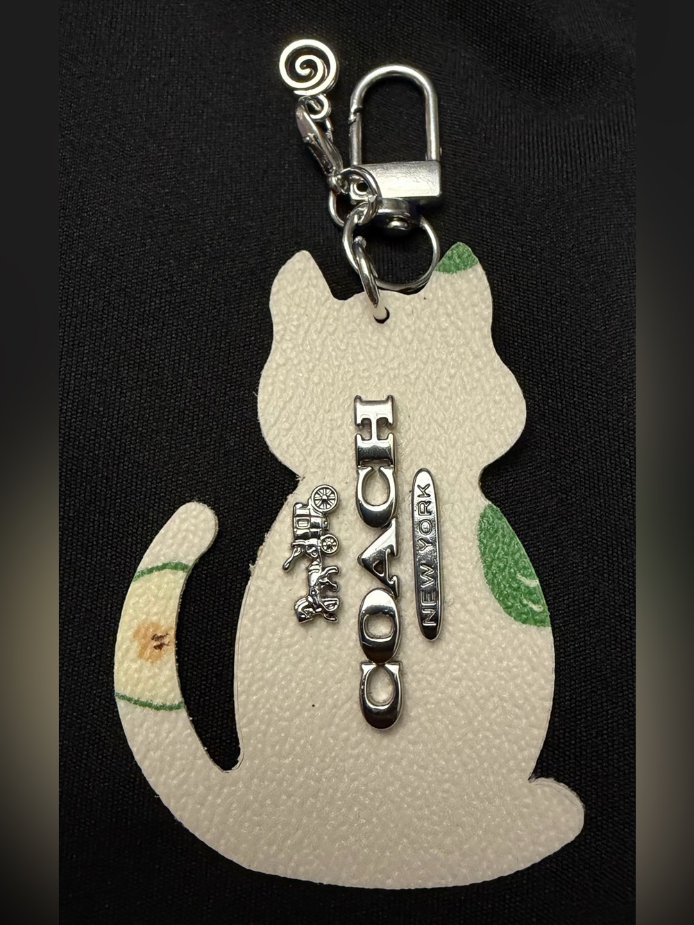 Upcycled COACH Cat Keychain Charm in White with Green Accents